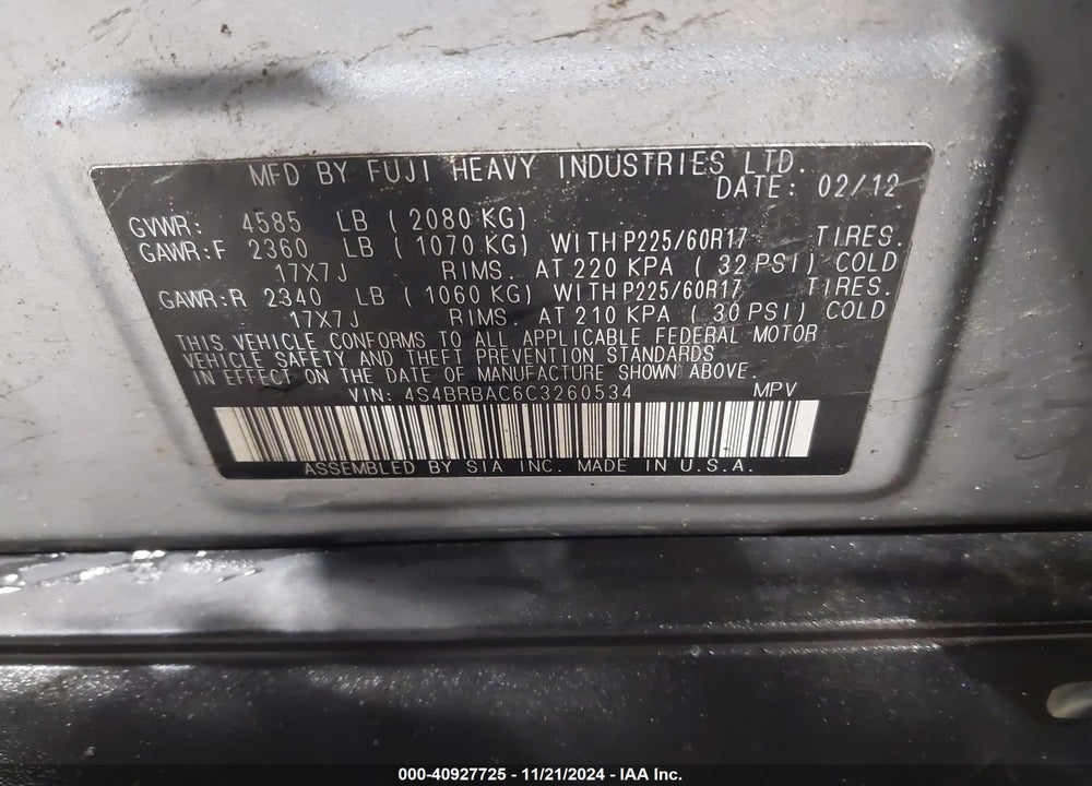 2012 SUBARU OUTBACK 2.5I VIN: 4S4BRBAC6C3260534