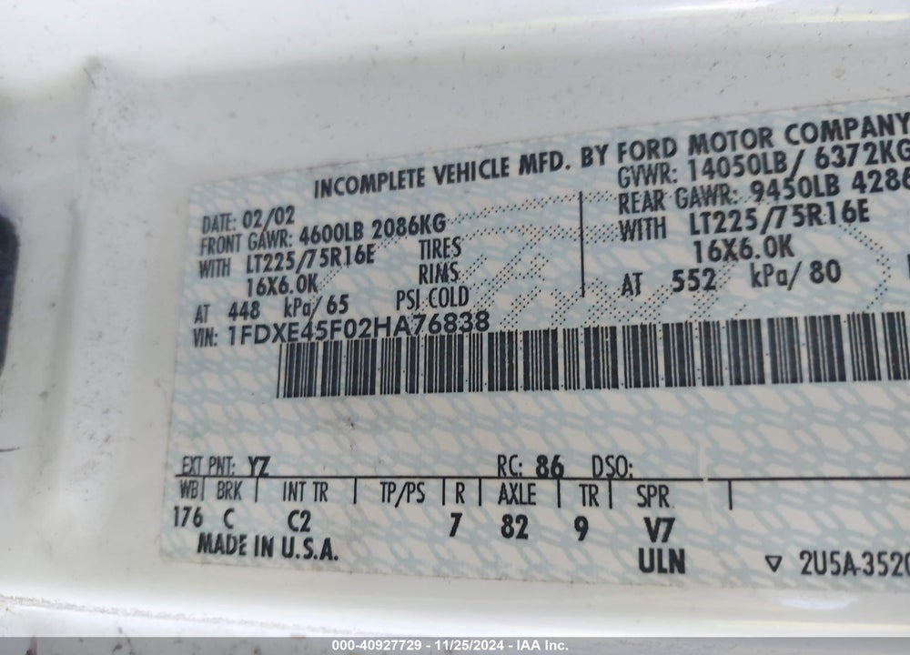2002 FORD E-450 CUTAWAY STANDARD VIN: 1FDXE45F02HA76838