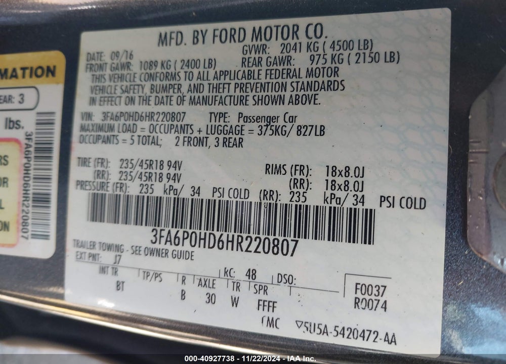 2017 FORD FUSION SE VIN: 3FA6P0HD6HR220807