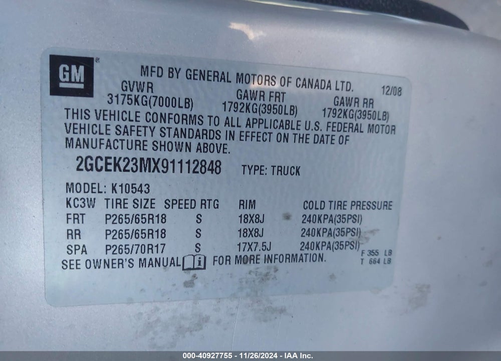 2009 CHEVROLET SILVERADO 1500 LT VIN: 2GCEK23MX91112848
