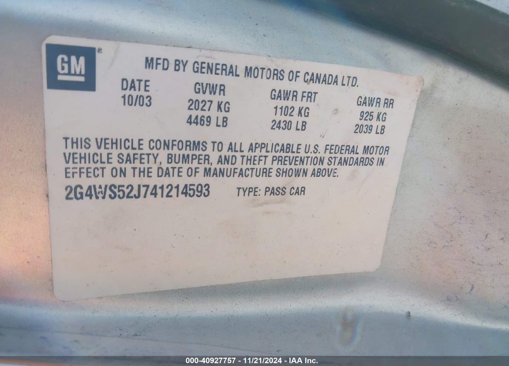 2004 BUICK CENTURY VIN: 2G4WS52J741214593