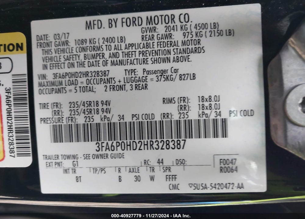 2017 FORD FUSION VIN: 3FA6P0HD2HR328387