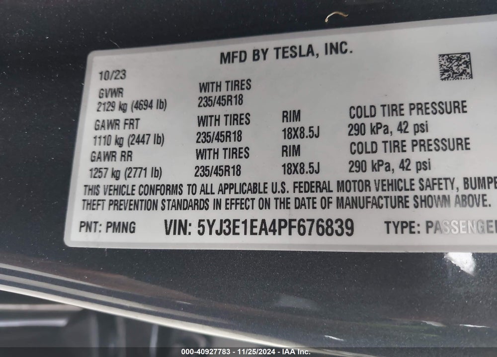 2023 TESLA MODEL 3 REAR-WHEEL DRIVE VIN: 5YJ3E1EA4PF676839