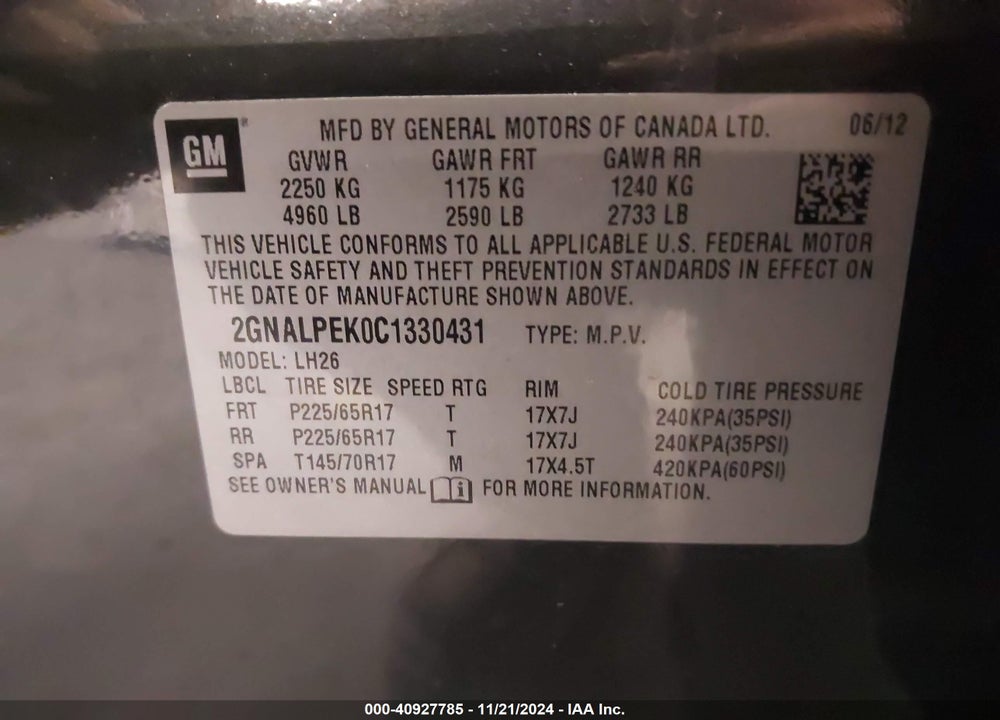 2012 CHEVROLET EQUINOX 2LT VIN: 2GNALPEK0C1330431
