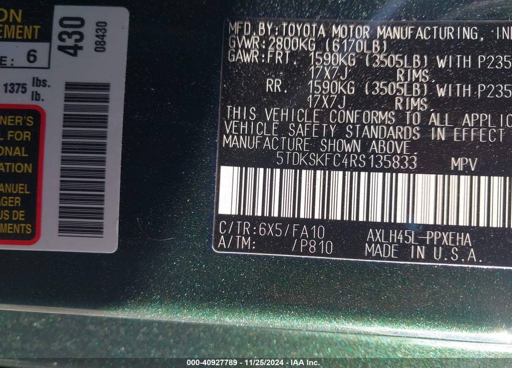 2024 TOYOTA SIENNA LE VIN: 5TDKSKFC4RS135833