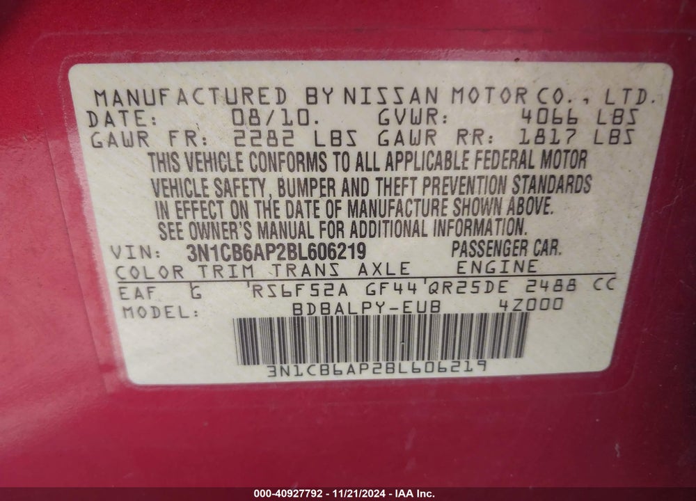 2011 NISSAN SENTRA SE-R SPEC V VIN: 3N1CB6AP2BL606219