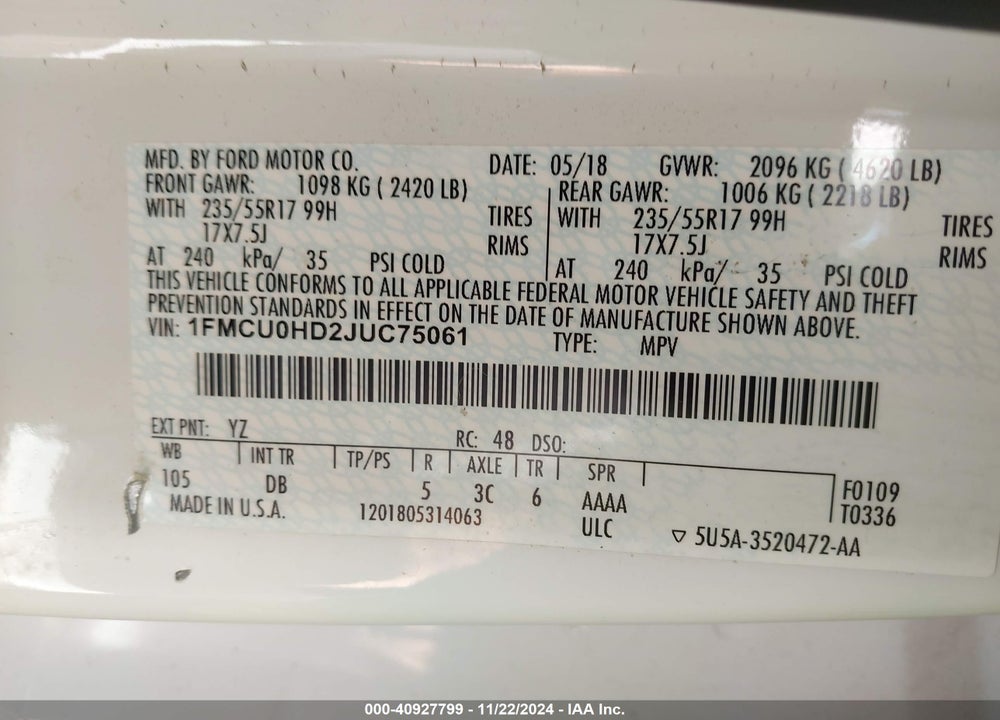 2018 FORD ESCAPE SEL VIN: 1FMCU0HD2JUC75061