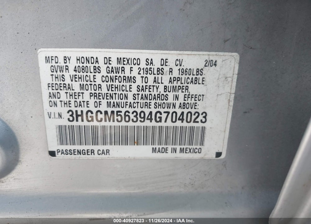 2004 HONDA ACCORD 2.4 LX VIN: 3HGCM56394G704023