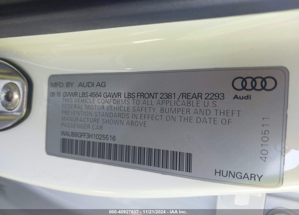 2017 AUDI A3 2.0T PREMIUM VIN: WAUB8GFF3H1025516