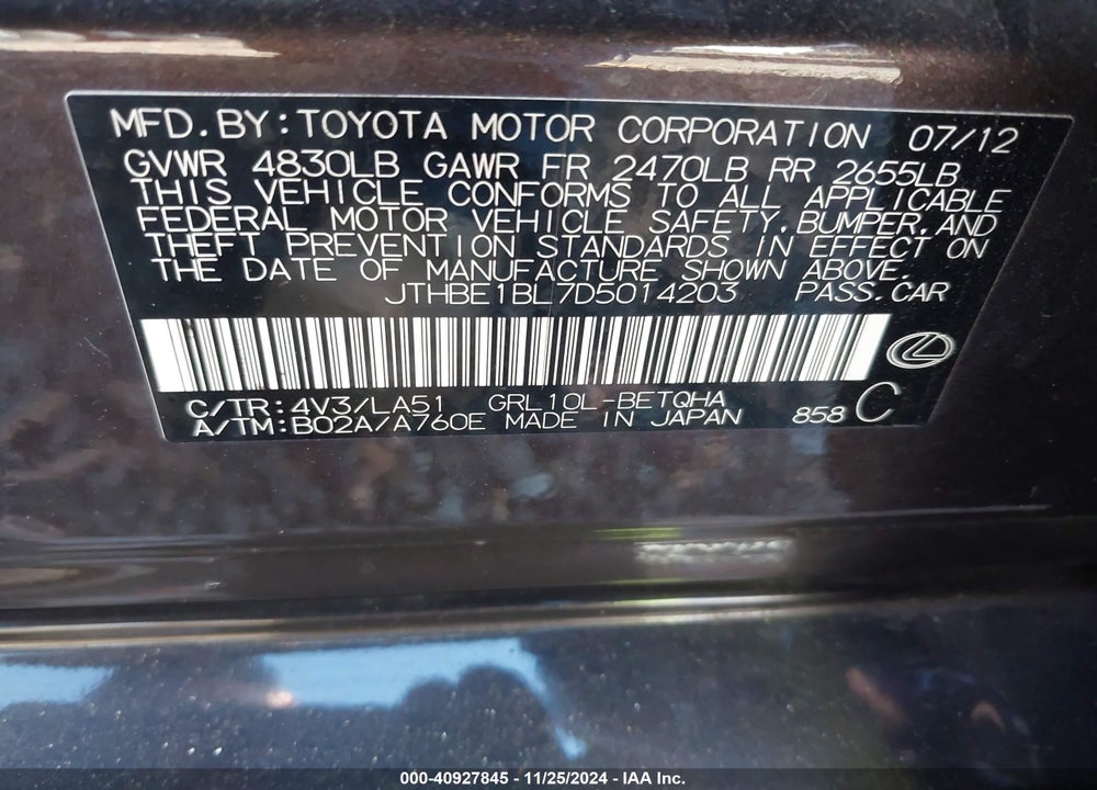 2013 LEXUS GS 350 VIN: JTHBE1BL7D5014203