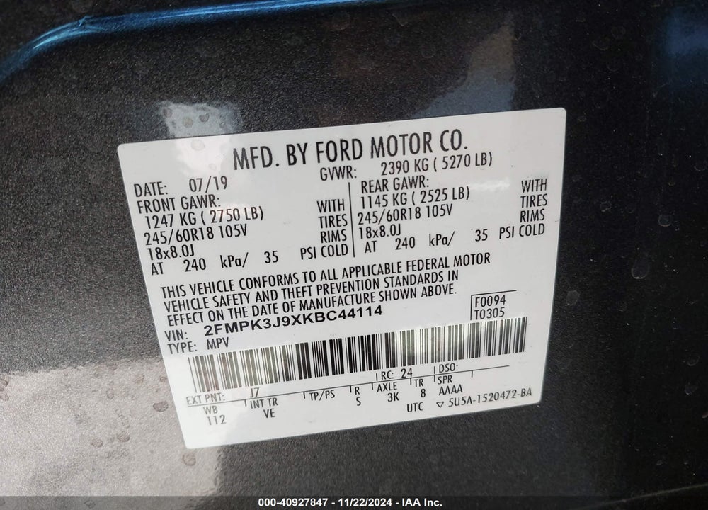 2019 FORD EDGE SEL VIN: 2FMPK3J9XKBC44114
