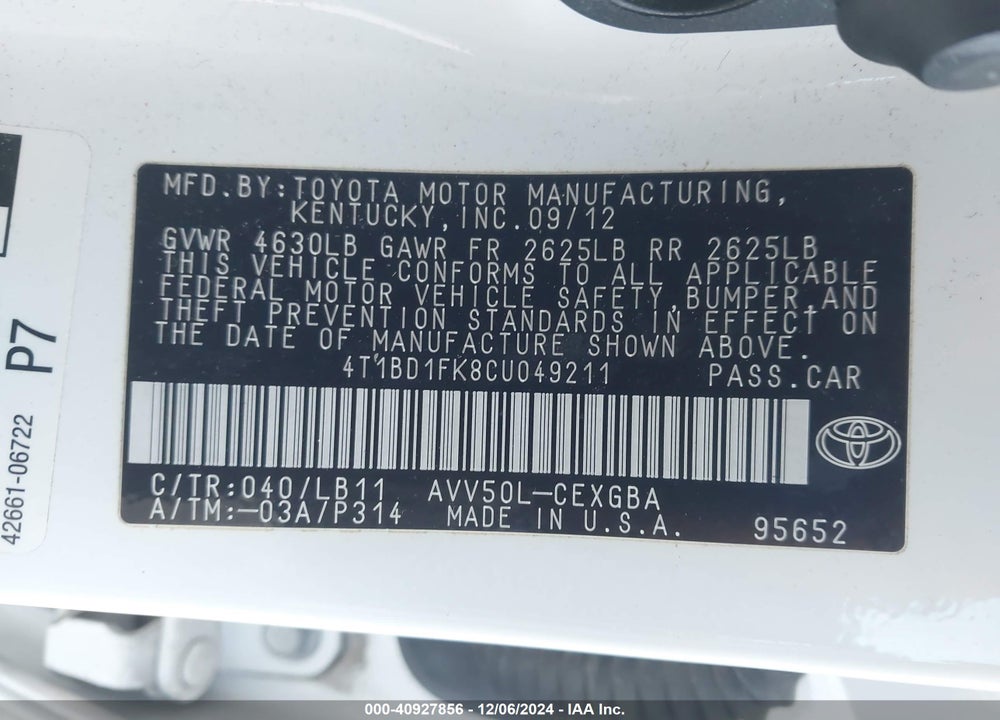 2012 TOYOTA CAMRY HYBRID XLE VIN: 4T1BD1FK8CU049211