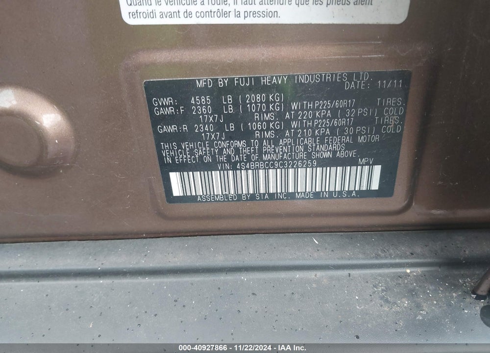 2012 SUBARU OUTBACK 2.5I PREMIUM VIN: 4S4BRBCC9C3226259