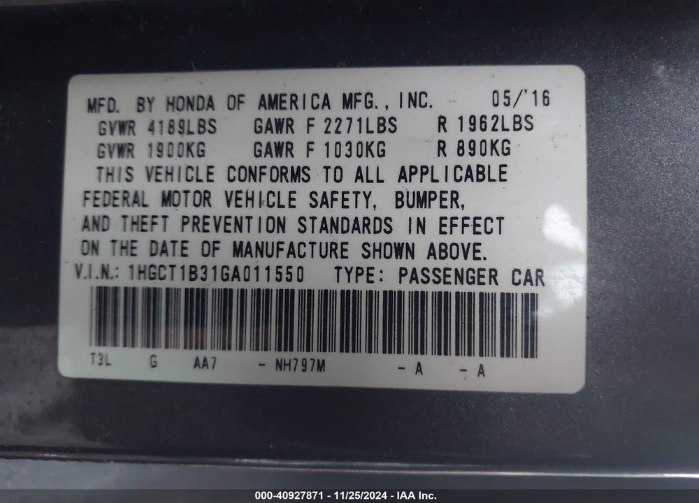 2016 HONDA ACCORD LX-S VIN: 1HGCT1B31GA011550