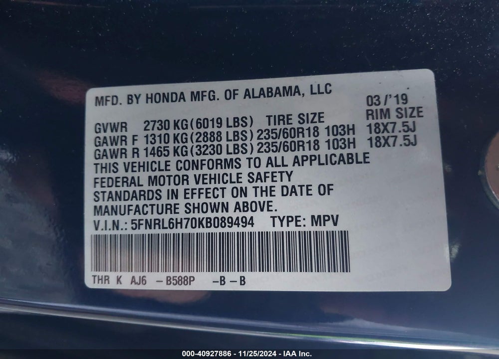 2019 HONDA ODYSSEY EX-L VIN: 5FNRL6H70KB089494