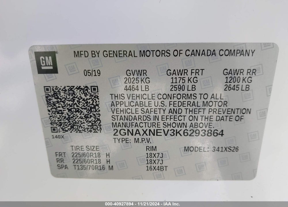 2019 CHEVROLET EQUINOX PREMIER VIN: 2GNAXNEV3K6293864