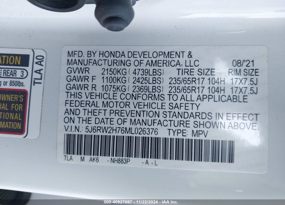 2021 HONDA CR-V AWD SPECIAL EDITION VIN: 5J6RW2H76ML026376