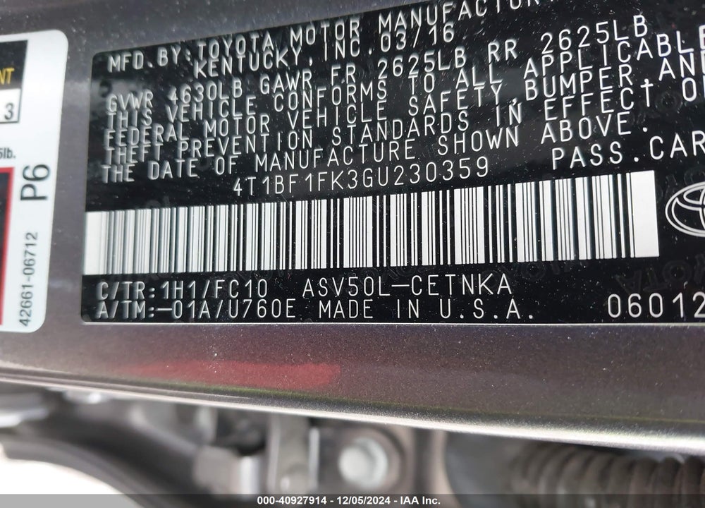 2016 TOYOTA CAMRY LE VIN: 4T1BF1FK3GU230359