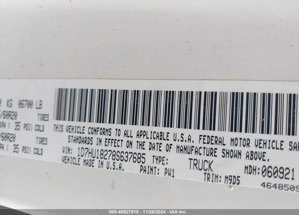 2008 DODGE RAM 1500 SLT VIN: 1D7HU18278S637685