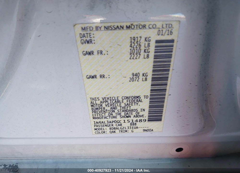 2016 NISSAN ALTIMA VIN: 1N4AL3AP0GC151489