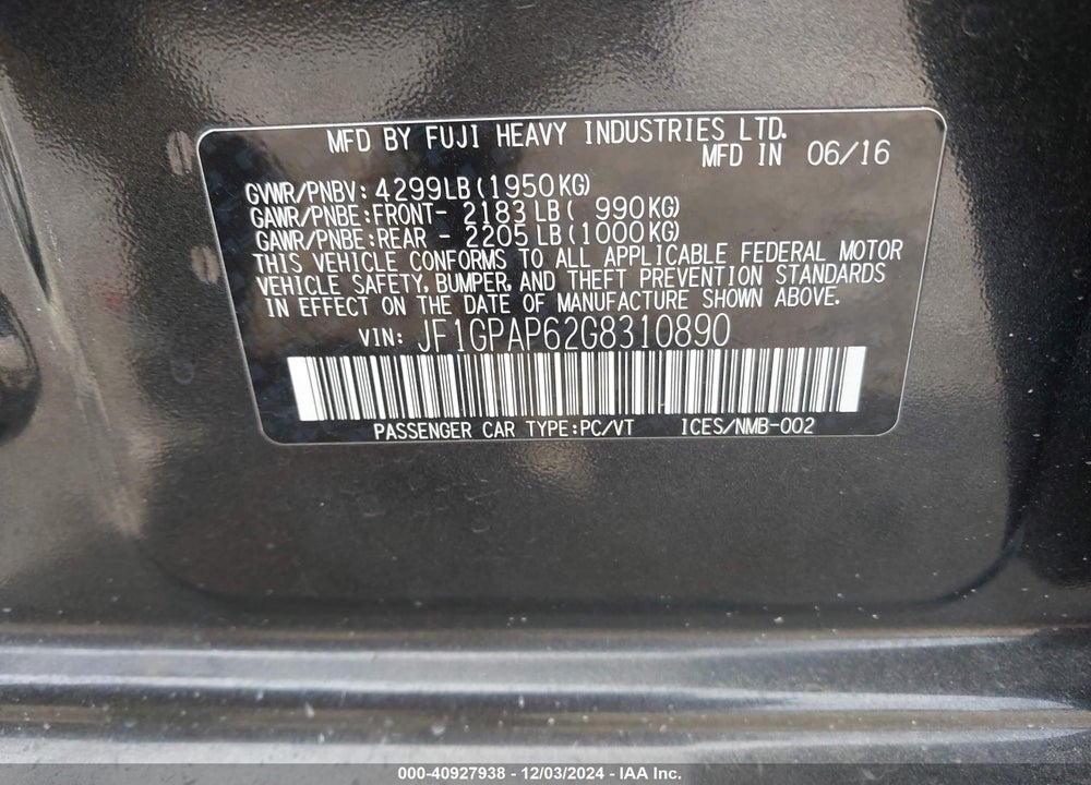 2016 SUBARU IMPREZA VIN: JF1GPAP62G8310890