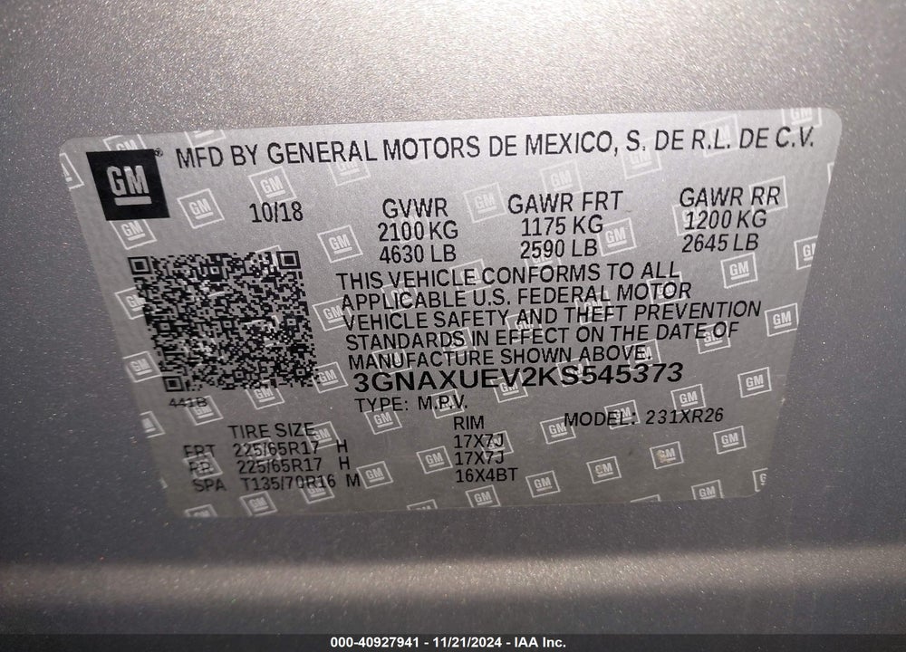 2019 CHEVROLET EQUINOX LT VIN: 3GNAXUEV2KS545373