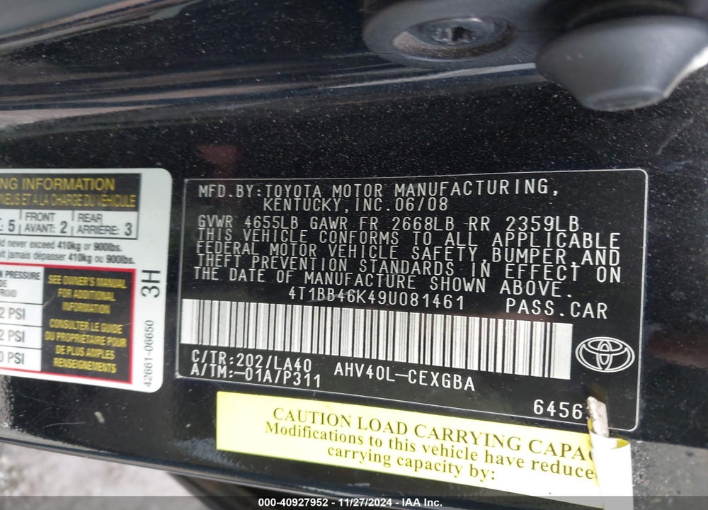 2009 TOYOTA CAMRY HYBRID VIN: 4T1BB46K49U081461