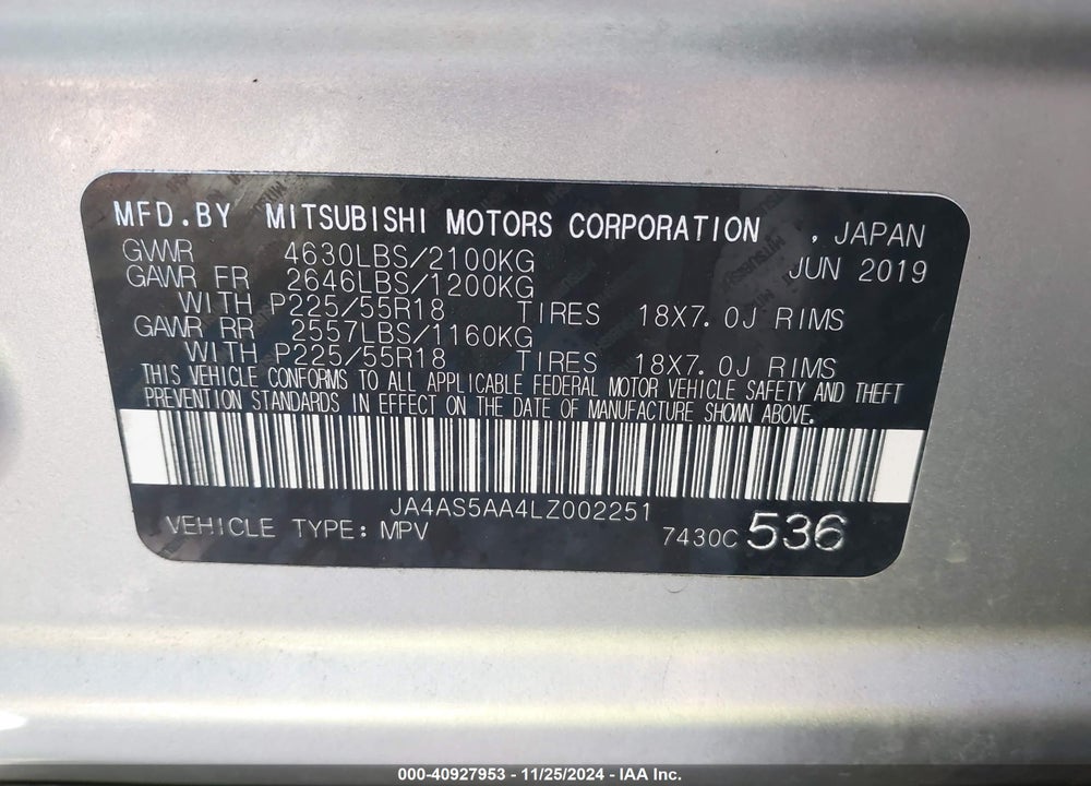 2020 MITSUBISHI ECLIPSE CROSS SEL 1.5T VIN: JA4AS5AA4LZ002251