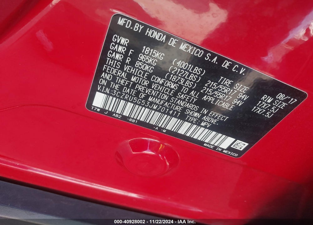 2018 HONDA HR-V EX VIN: 3CZRU5G53JM701411