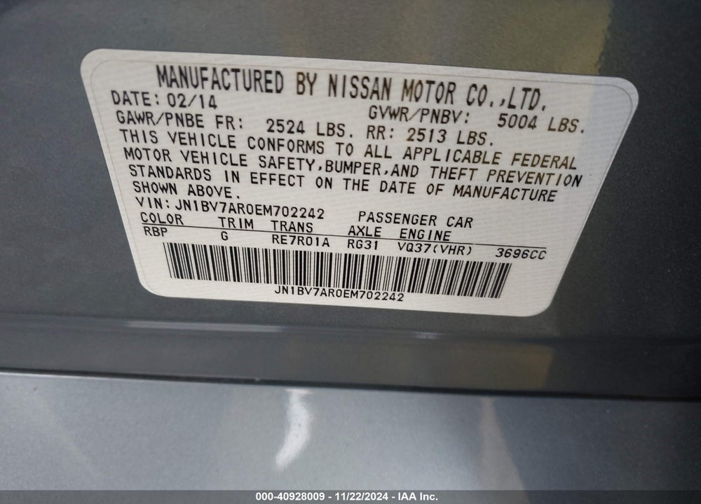 2014 INFINITI Q50 PREMIUM VIN: JN1BV7AR0EM702242