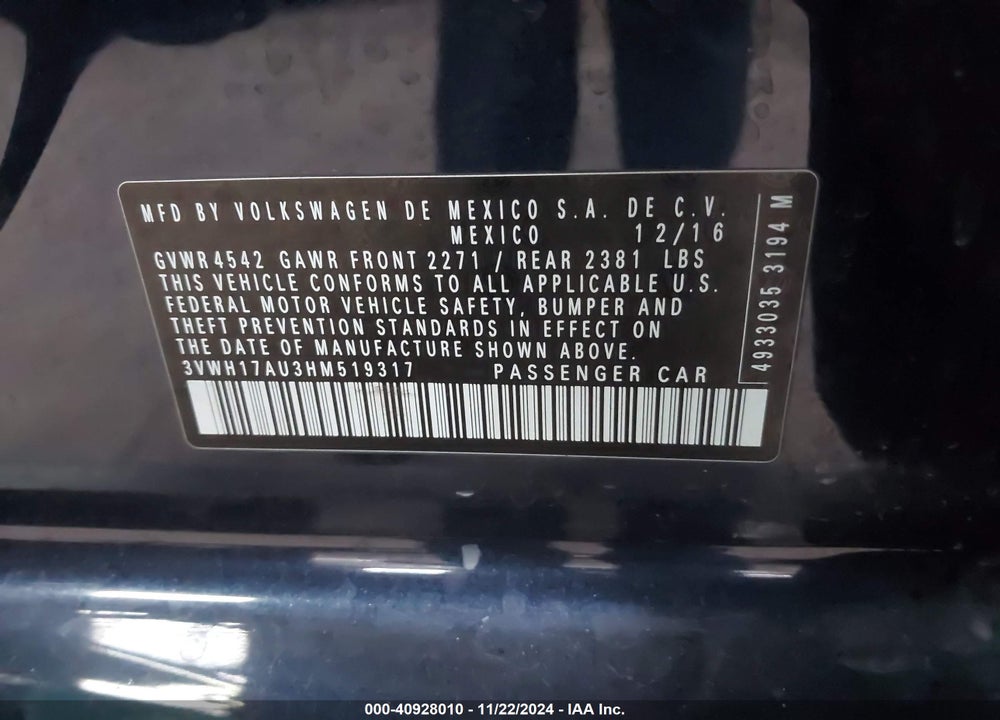 2017 VOLKSWAGEN GOLF ALLTRACK TSI S/TSI SE/TSI SEL VIN: 3VWH17AU3HM519317