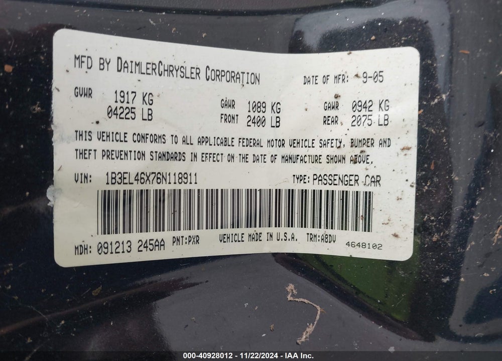2006 DODGE STRATUS SXT VIN: 1B3EL46X76N118911