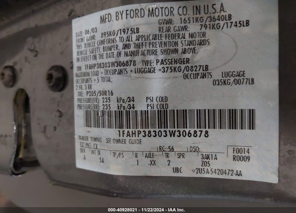 2003 FORD FOCUS ZTS VIN: 1FAHP38303W306878