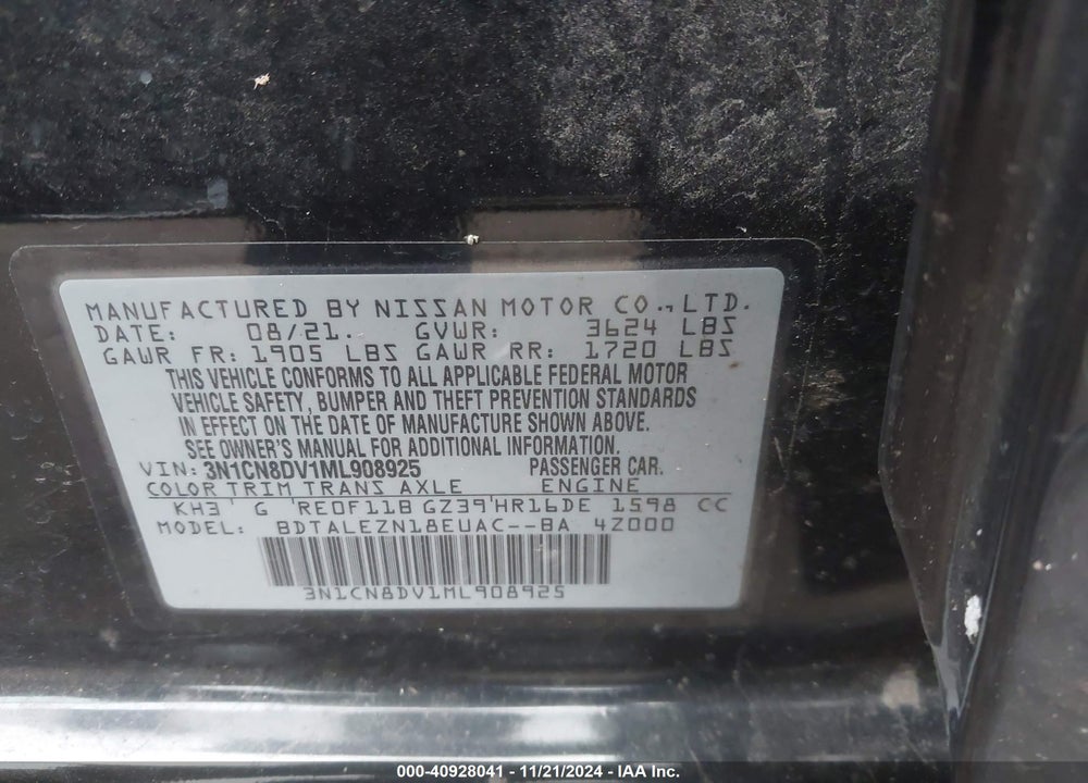 2021 NISSAN VERSA S XTRONIC CVT VIN: 3N1CN8DV1ML908925