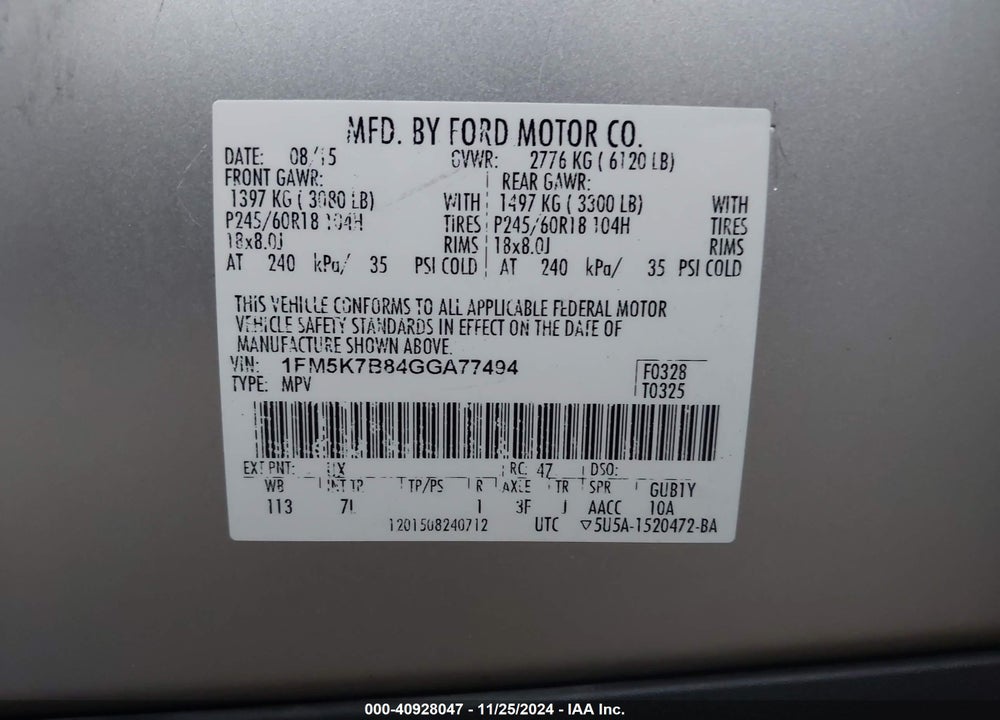 2016 FORD EXPLORER VIN: 1FM5K7B84GGA77494