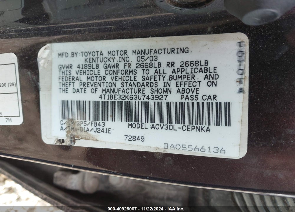 2003 TOYOTA CAMRY LE VIN: 4T1BE32K63U743927