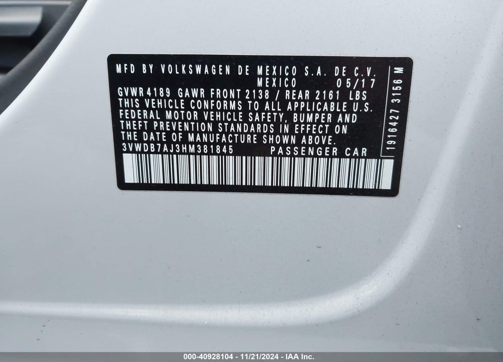 2017 VOLKSWAGEN JETTA 1.4T SE VIN: 3VWDB7AJ3HM381845