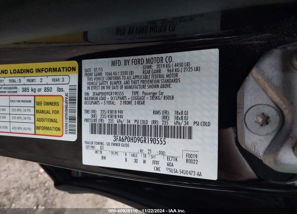 2016 FORD FUSION SE VIN: 3FA6P0HD9GR190555
