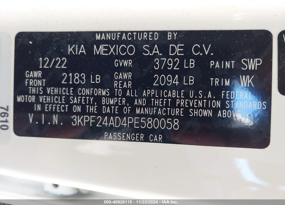 2023 KIA FORTE LXS VIN: 3KPF24AD4PE580058