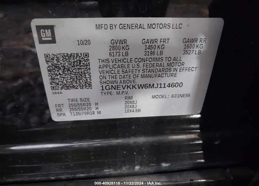 2021 CHEVROLET TRAVERSE AWD PREMIER VIN: 1GNEVKKW6MJ114600