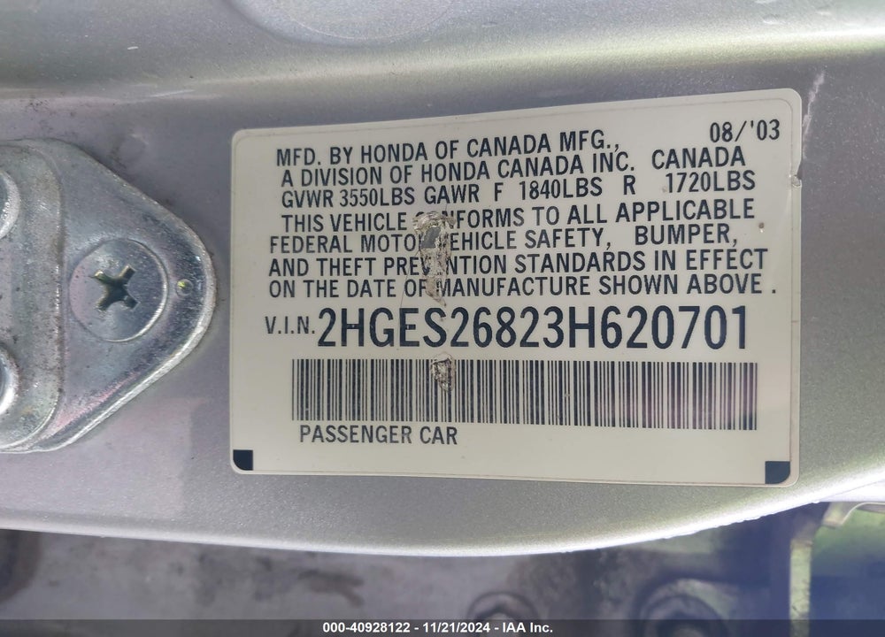 2003 HONDA CIVIC EX VIN: 2HGES26823H620701