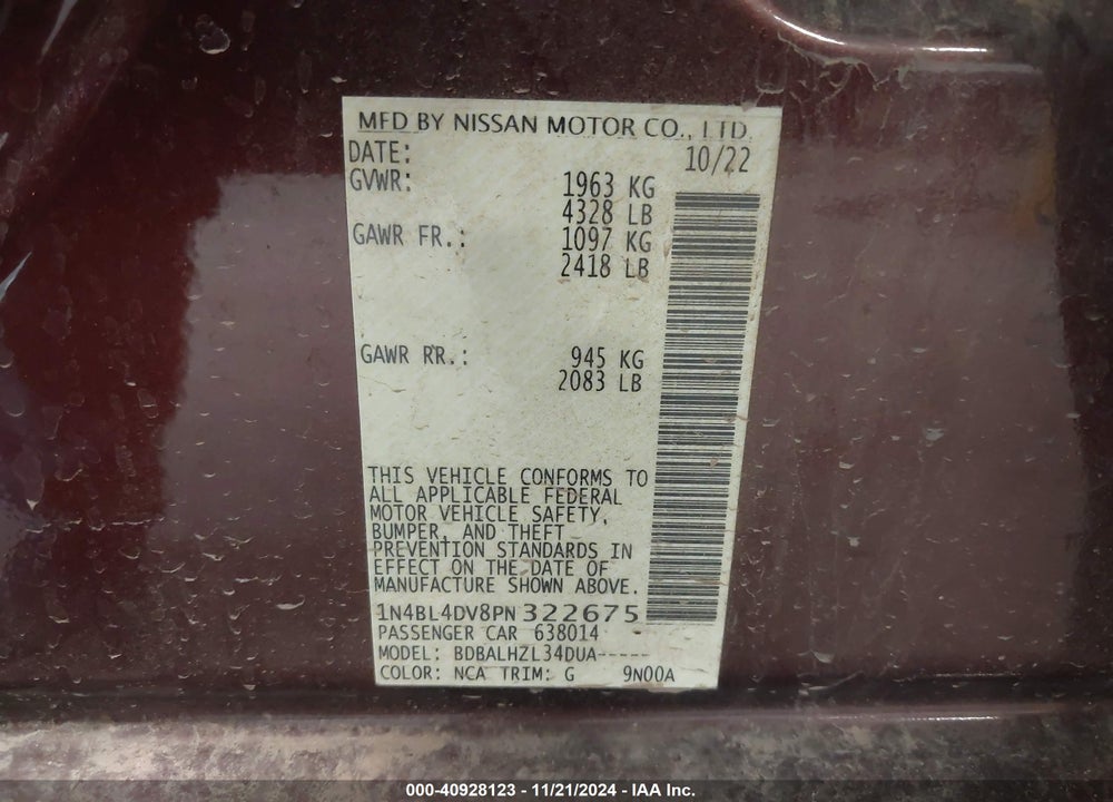 2023 NISSAN ALTIMA SV FWD VIN: 1N4BL4DV8PN322675