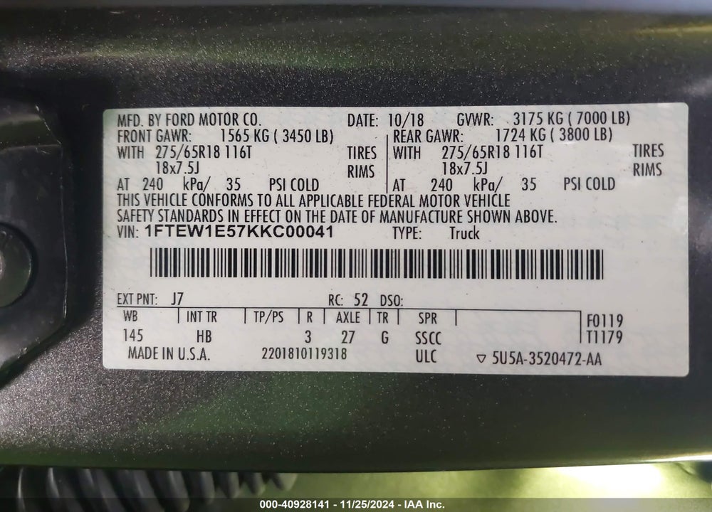 2019 FORD F150 VIN: 1FTEW1E57KKC00041