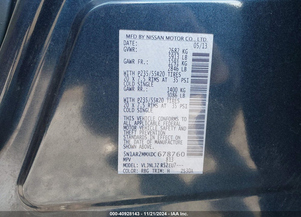 2013 NISSAN PATHFINDER PLATINUM VIN: 5N1AR2MMXDC678760