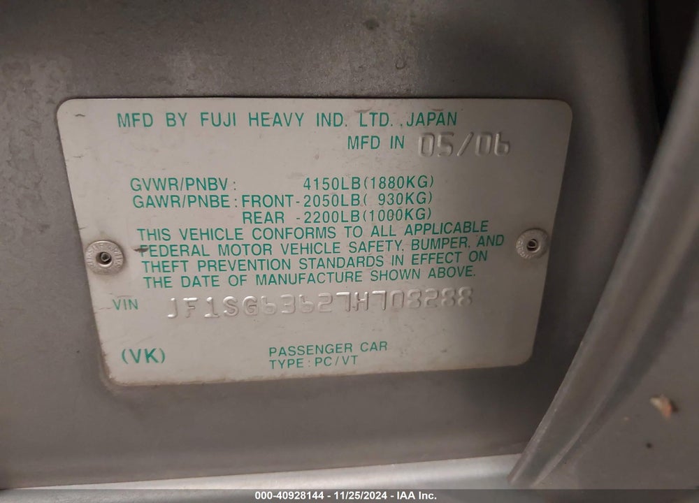 2007 SUBARU FORESTER 2.5X VIN: JF1SG63627H708288