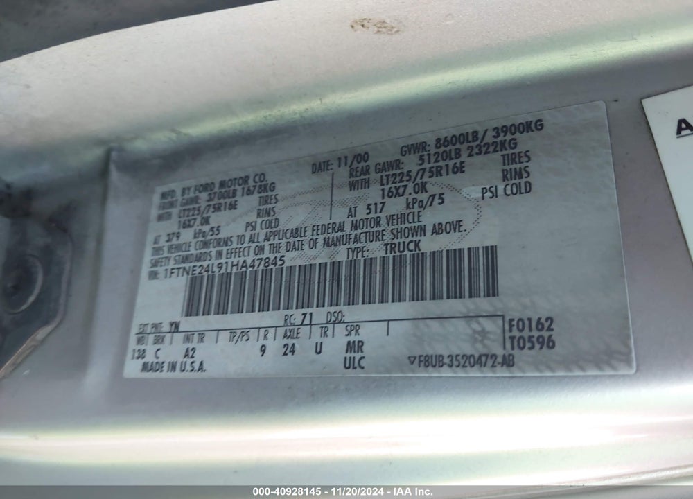 2001 FORD E-250 COMMERCIAL/RECREATIONAL VIN: 1FTNE24L91HA47845