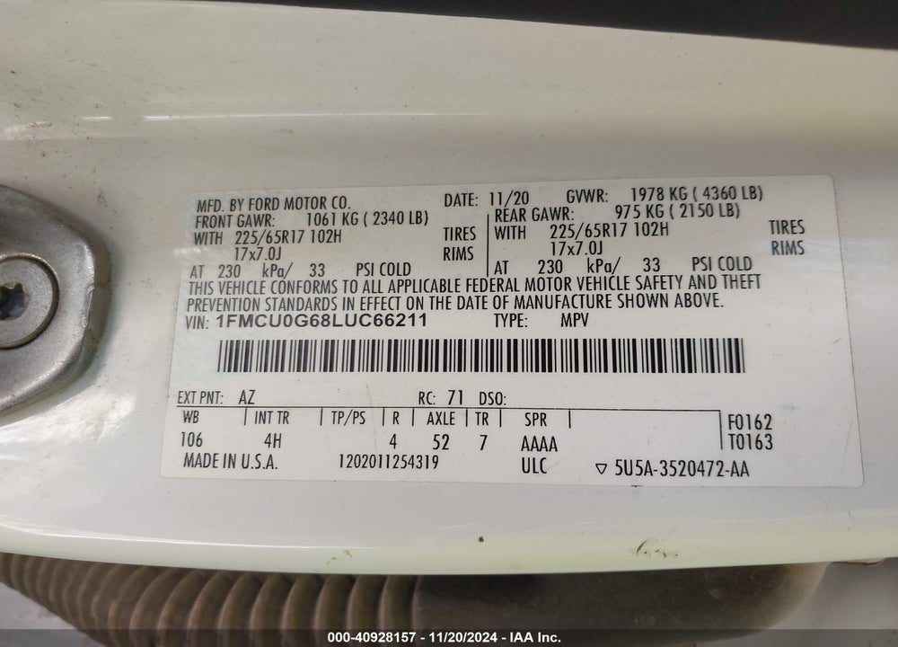 2020 FORD ESCAPE SE VIN: 1FMCU0G68LUC66211