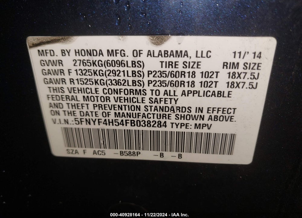 2015 HONDA PILOT EX-L VIN: 5FNYF4H54FB038284