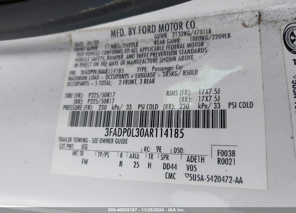 2010 FORD FUSION HYBRID VIN: 3FADP0L30AR114185