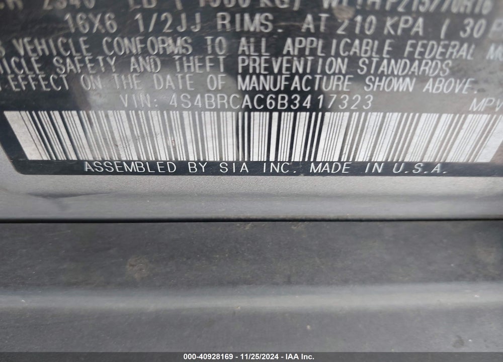 2011 SUBARU OUTBACK 2.5I VIN: 4S4BRCAC6B3417323